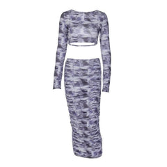 Contrast print long sleeve backless hollow out ruched cut out midi skirt set-final-sale