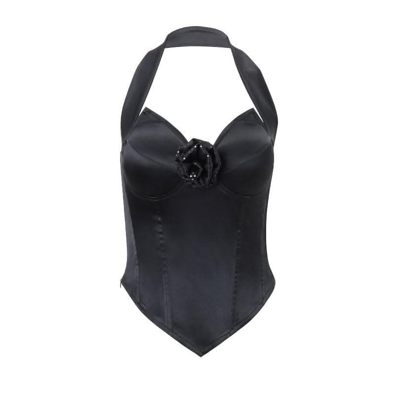 Halter bustier flower applique satin backless glitter zip-up top-final-sale