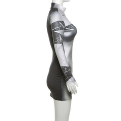 Long sleeve body print high neck mini dress