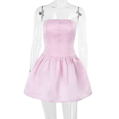 Smocked ruched satin solid tube mini dress