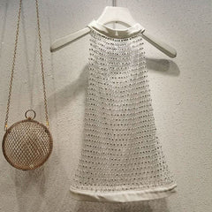 Crewneck hollow out see through beaded button cut out top