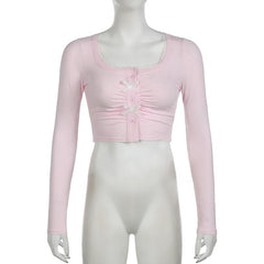 Long sleeve bowknot button crop top