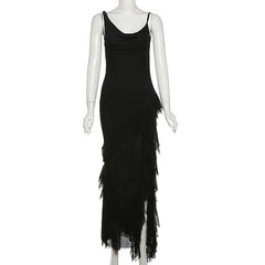 Cowl neck mesh ruffle slit irregular solid cami maxi dress-final-sale