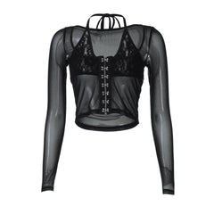 Halter long sleeve mesh lace hem button top