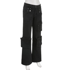Solid irregular cargo pocket low rise zip-up jeans-final-sale