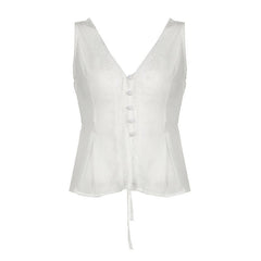 V neck button lace hem solid tank top
