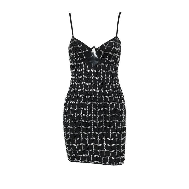 Beaded hollow out v neck backless plaid cami cut out mini dress-final-sale