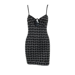 Beaded hollow out v neck backless plaid cami cut out mini dress-final-sale