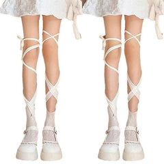 Self tie irregular lace thigh high socks