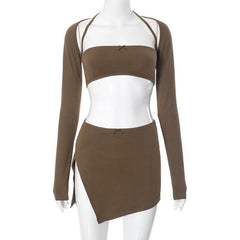 Long sleeve slit bowknot halter shrug mini skirt set