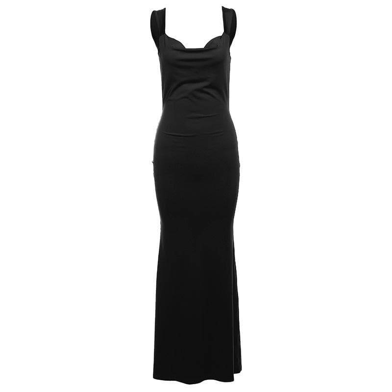 Cowl neck bowknot backless solid cami maxi dress