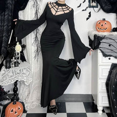 Long flared sleeve hollow out crewneck cut out maxi dress
