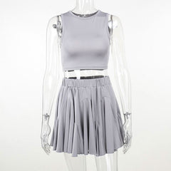 Crewneck ruched backless solid mini skirt set