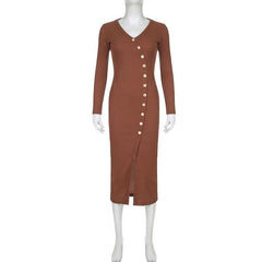 Long sleeve button high slit v neck irregular midi dress-final-sale