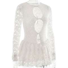 Long sleeve lace hollow out ruffle cut out mini dress