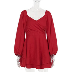 V neck long sleeve ruched solid mini dress