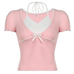 Short puff sleeve halter patchwork bowknot top