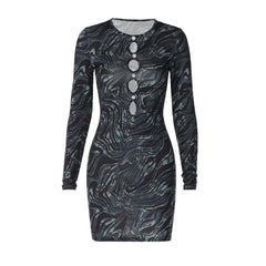 Ripple contrast long sleeve hollow out crewneck cut out mini dress