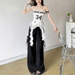 Ruffle letter print irregular backless tube top