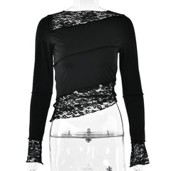 Lace patchwork irregular stitch long sleeve top-final-sale