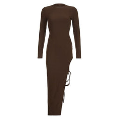 Self tie irregular long sleeve slit crewneck solid midi dress-final-sale