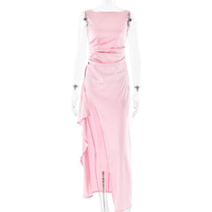 Ruched high slit satin round neck backless maxi dress