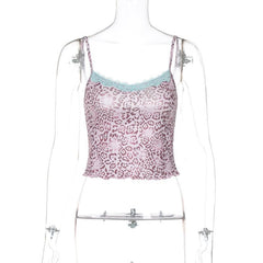 Print lace hem u neck backless cami top