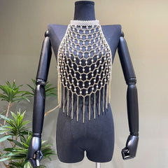 Halter metal chain beaded tassels backless hollow out cut out top