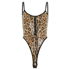 Leopard print u neck glitter button cami bodysuit