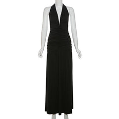 Halter deep v neck ruched backless maxi dress