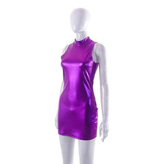 High neck metallic sleeveless solid mini dress-final-sale