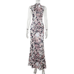 Leopard print high neck backless maxi dress
