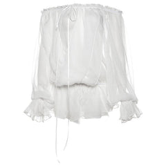 One shoulder chiffon long sleeve ribbon top