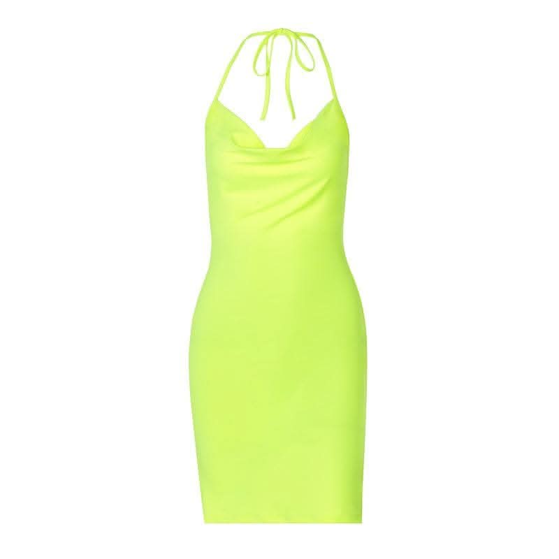 Solid cowl neck halter backless slit mini dress-final-sale