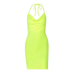 Solid cowl neck halter backless slit mini dress-final-sale