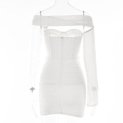 Solid one shoulder o ring hollow out mesh backless cut out mini dress-final-sale