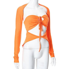 Drawstring hollow out button solid 2 piece shrug tube cut out top-final-sale