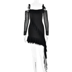 Ruffle self tie irregular off shoulder mesh long sleeve mini dress-final-sale
