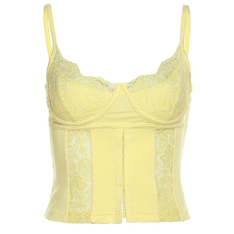Corset u neck button solid lace cami crop top