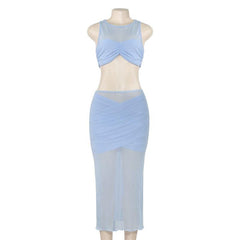 Crewneck sleeveless ruched mesh crop maxi skirt set-final-sale