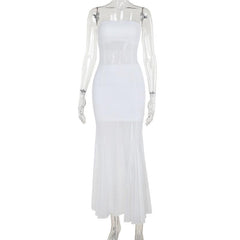 Mesh patchwork solid stitch tube maxi dress