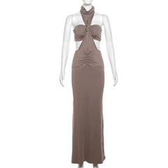 Halter ruched backless tube 2 piece maxi dress