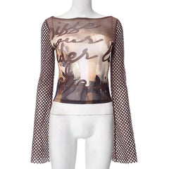 Fishnet long sleeve hollow out mesh contrast cut out top