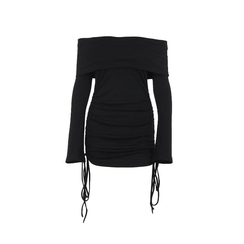 Long flared sleeve off shoulder drawstring mini dress-final-sale