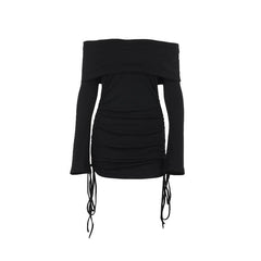 Long flared sleeve off shoulder drawstring mini dress-final-sale