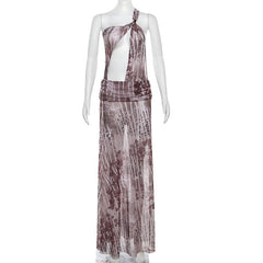 One shoulder irregular hollow out high slit print cut out maxi dress