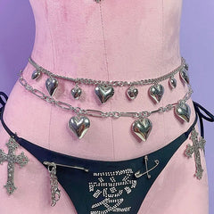 Silver heart decor metal chain waist chain