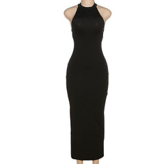 Halter backless slit solid sleeveless hollow out cut out maxi dress