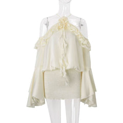 Flared sleeve halter backless ruffle drawstring mini dress