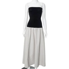 Backless contrast patchwork ruched tube maxi dress